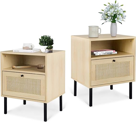 AWQM Rattan End Table Set of 2, Nightstand with Open Storage Shelves and Drawer, Wood Small Sofa ... | Amazon (US)