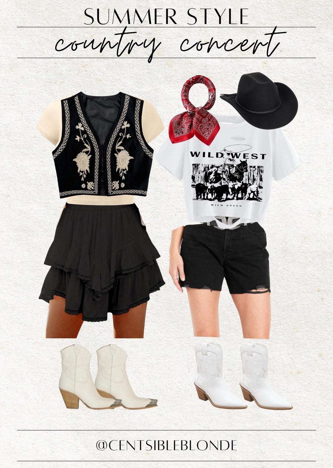 Country concert, Nashville, western outfit, western style, cowboy hat, black hat, cowboy boots, western boots, black shorts, black skirt, black vest, summer style, summer outfit, felt hat, crop top, crop shirt, bandana, neck scarf, weekend style, weekend outfit 

#LTKShoeCrush #LTKFindsUnder50 #LTKTravel