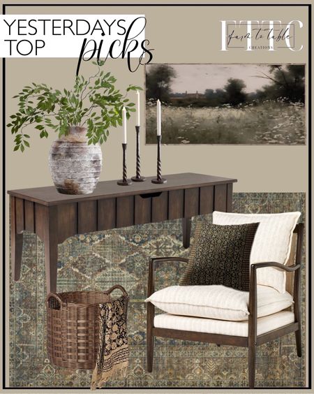 Yesterday’s Top Picks. Follow @farmtotablecreations on Instagram for more inspiration.

Magnolia Home By Joanna Gaines X Loloi Banks Machine Washable Spice / Blue Area Rug. Palma Wood Base Storage Ottoman Dark Brown - Threshold. Handmade Handblock Throw Blanket. Wood Frame Pillow Top Accent Chair Cream - Threshold. Artisan Handcrafted Terracotta Vase. Moody Field of Lace Canvas Printed Sign. 31" Fake Wisteria Branches, Artificial Green Wisteria Leaves. Easton Forged-Iron Taper Candleholder. Medium Round Rattan Decorative Basket Dark Brown. Vintage Floral Block Print Pillow Covers 18x18 Inch Set of 2 Brown Antique Persian Tabriz Rug Pattern Decorative Throw Pillows. 

New Target | Loloi Rugs | Chris Loves Julia | console table | console table styling | faux stems | entryway space | home decor finds | neutral decor | entryway decor | cozy home | affordable decor |  | home decor | home inspiration | spring stems | spring console | spring vignette | spring decor | spring decorations | console styling | entryway rug | cozy moody home | moody decor | neutral home




#LTKSaleAlert #LTKFindsUnder50 #LTKHome
