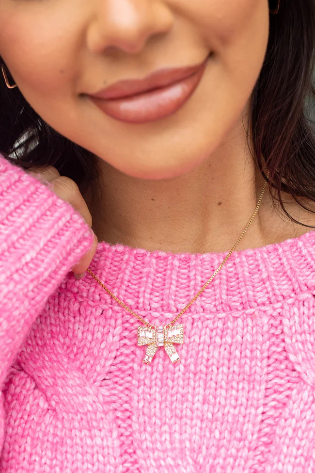 Pink Rhinestone Bow Necklace | Pink Lily