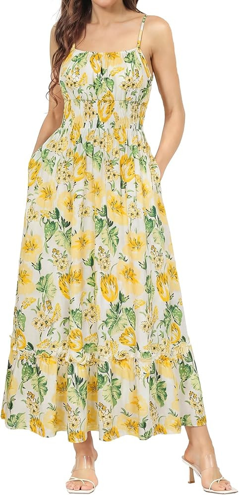 GRACE KARIN Summer Dresses for Women 2026 Vacation,Smocked Floral Maxi Dress,Boho Beach Sundress ... | Amazon (US)