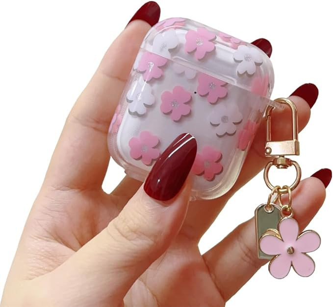 for AirPods 2nd/1st Gen Case with Keychain,Cute Clear Pink Flower Floral Protective Earphone Cove... | Amazon (US)