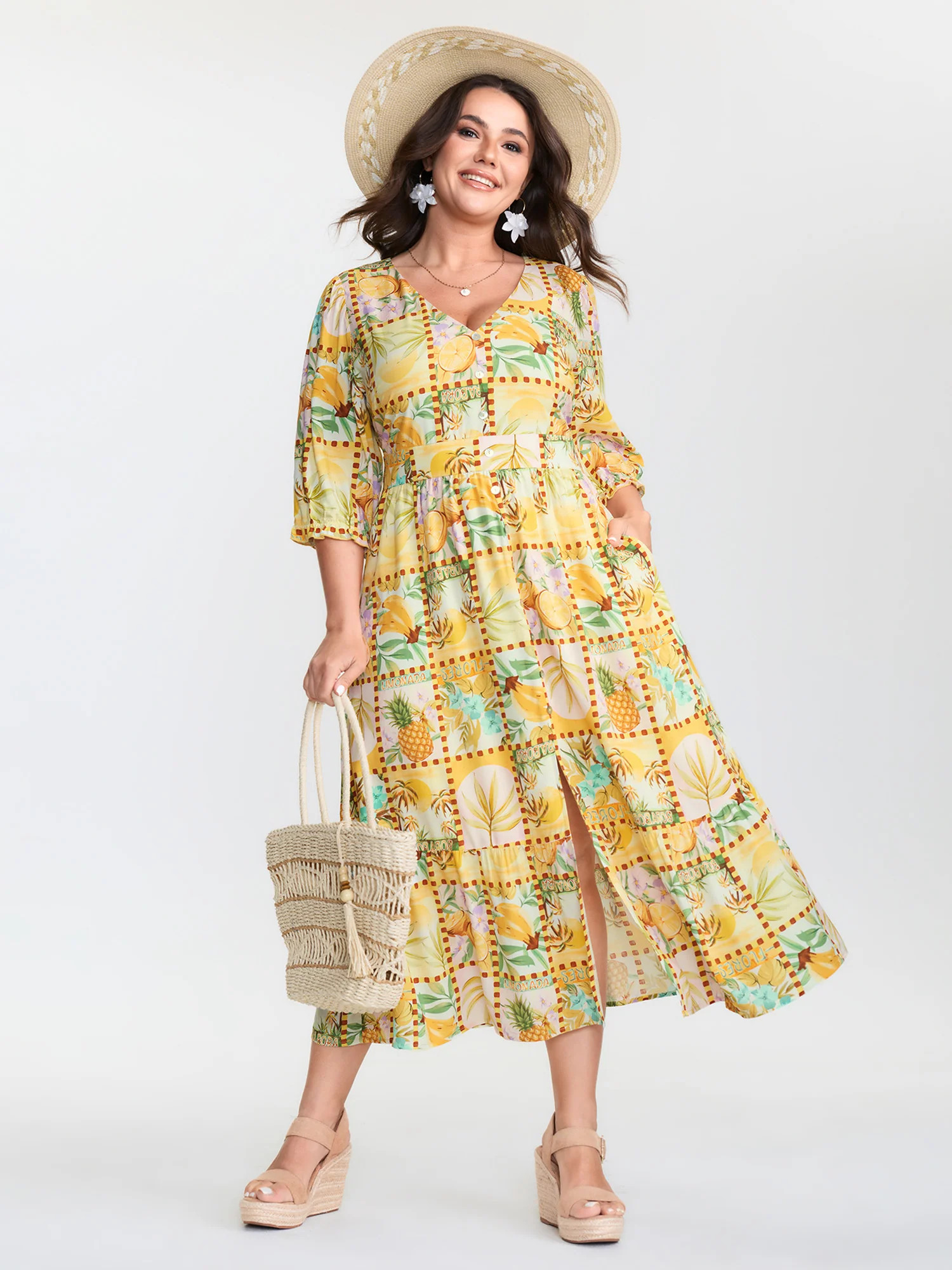 Fruity Collage Cinched Waist Slit Maxi Dress | Bloomchic