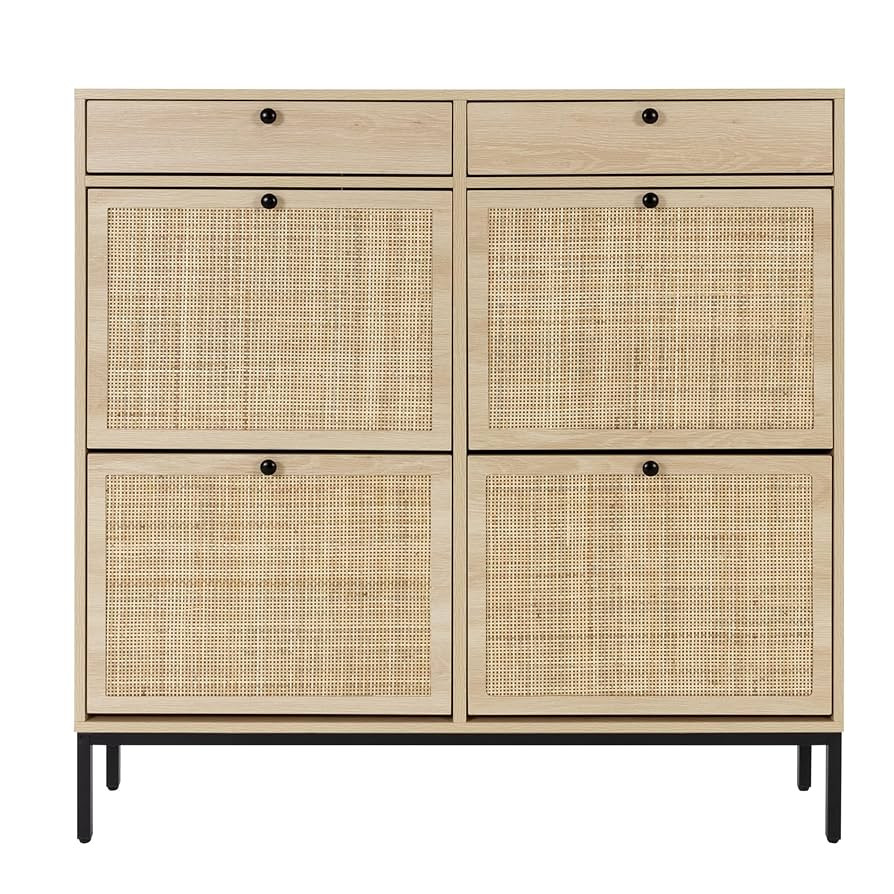XIAO WEI Shoe Cabinet, Large Natural Rattan Shoe Storage Organizer Cabinet with 4 Flip Drawers, F... | Amazon (US)