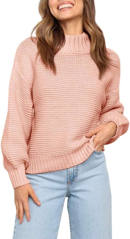 Womens Knit Sweaters Fall Slouchy Chunky Lantern Sleeve Solid Color Pullover Jumper | Amazon (US)