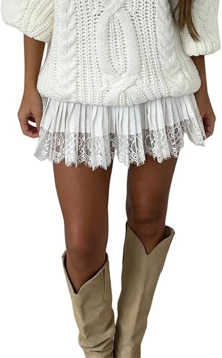 Women's Summer Lace Mini Skirts Coquette Y2k Low Waist Solid Color Loose Fit Pleated Skirts | Amazon (US)