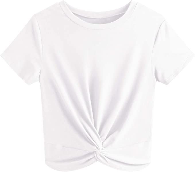 Amazon.com: JINKESI Women's Summer Causal Short Sleeve Blouse Round Neck Crop Tops Twist Front Te... | Amazon (US)