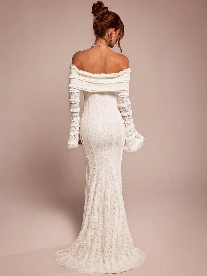 SHEIN BAE Tea Break Outfit Sweet And Elegant Dress Off-Shoulder Long-Sleeved Dress Date Outfit 3D... | SHEIN