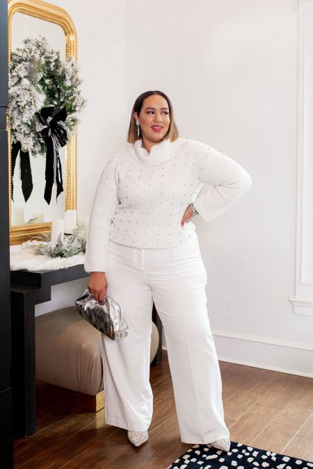 Winter white is everything! These pants from Lane Bryant are so good! I also am obsessed with the sparkle booties! Perfect for wide feett

#LTKplussize #LTKHoliday