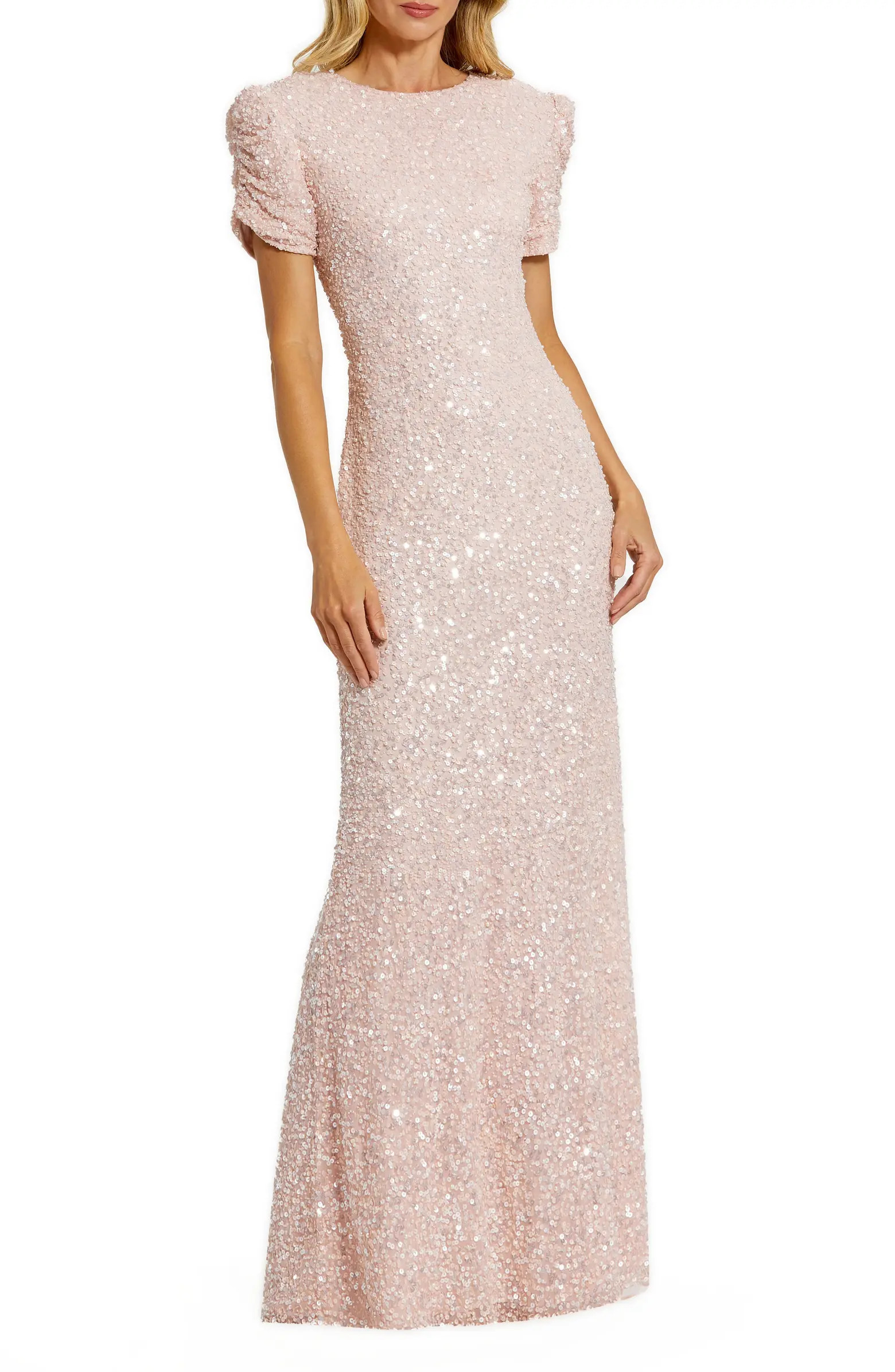 Sequin Gathered Sleeve Column Gown | Nordstrom