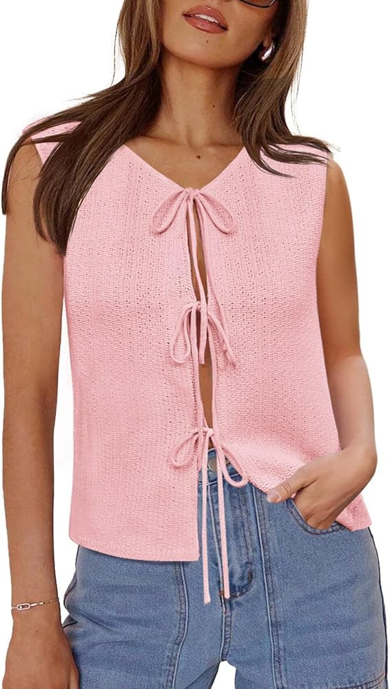 Yousify Women’s Tie Front Sweater Vest 2025 Summer Sleeveless Crochet Knit Tops Lightweight Car... | Amazon (US)