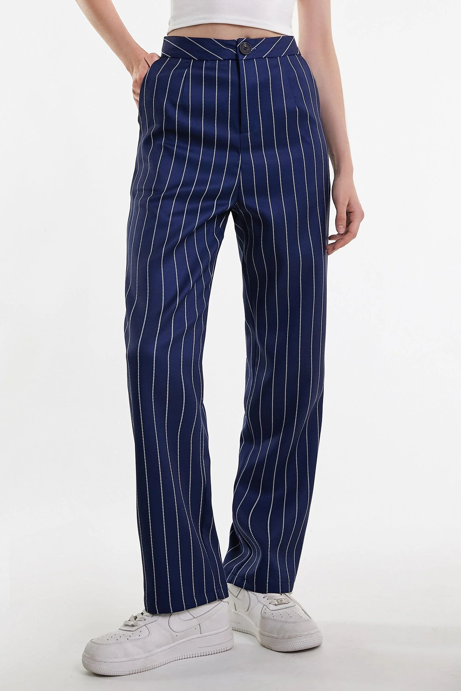 Midnight Blue Striped Straight Leg Pants | J.ING