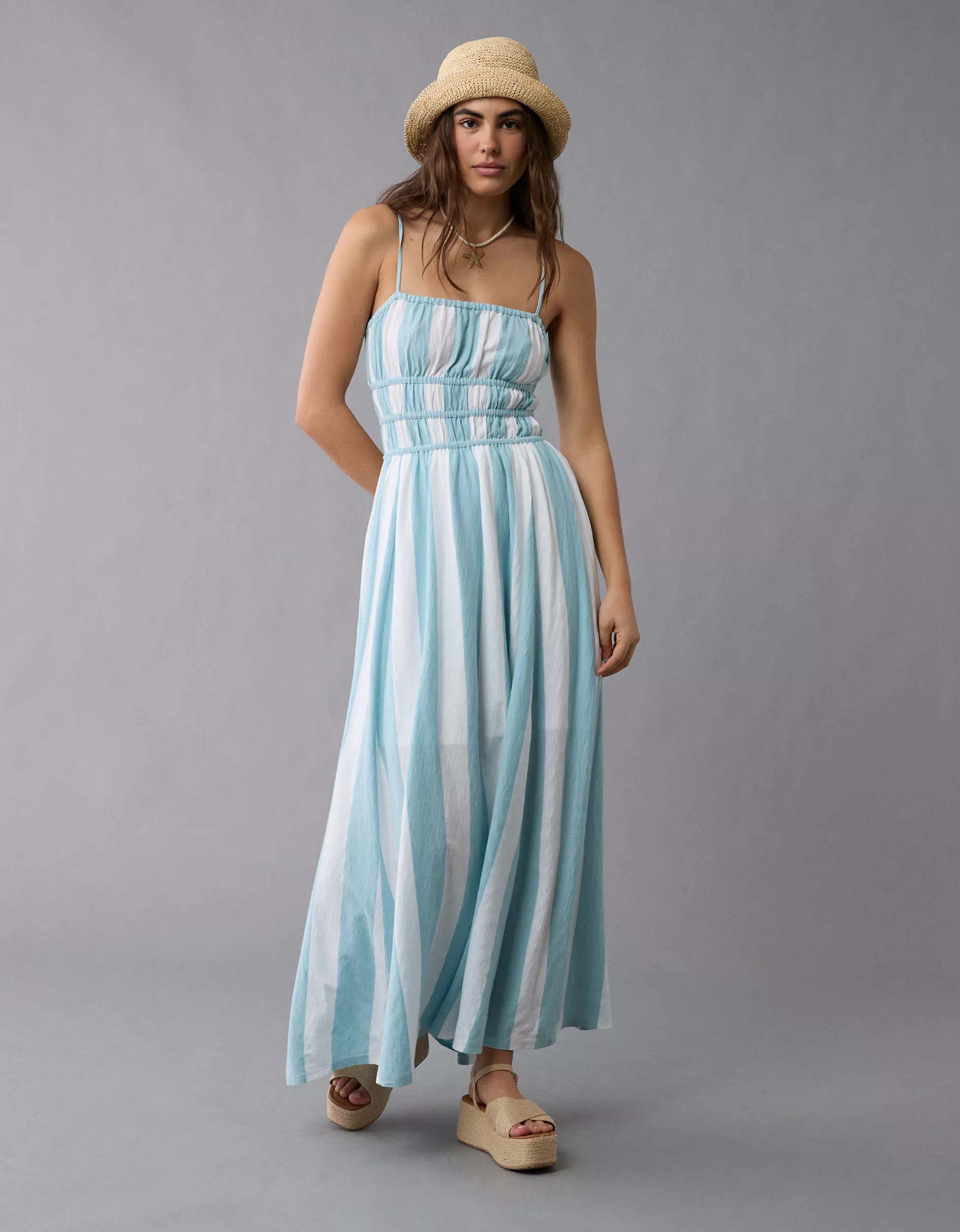 AE Sunchaser Knit Smocked Bodice Midi Dress | American Eagle Outfitters (US & CA)