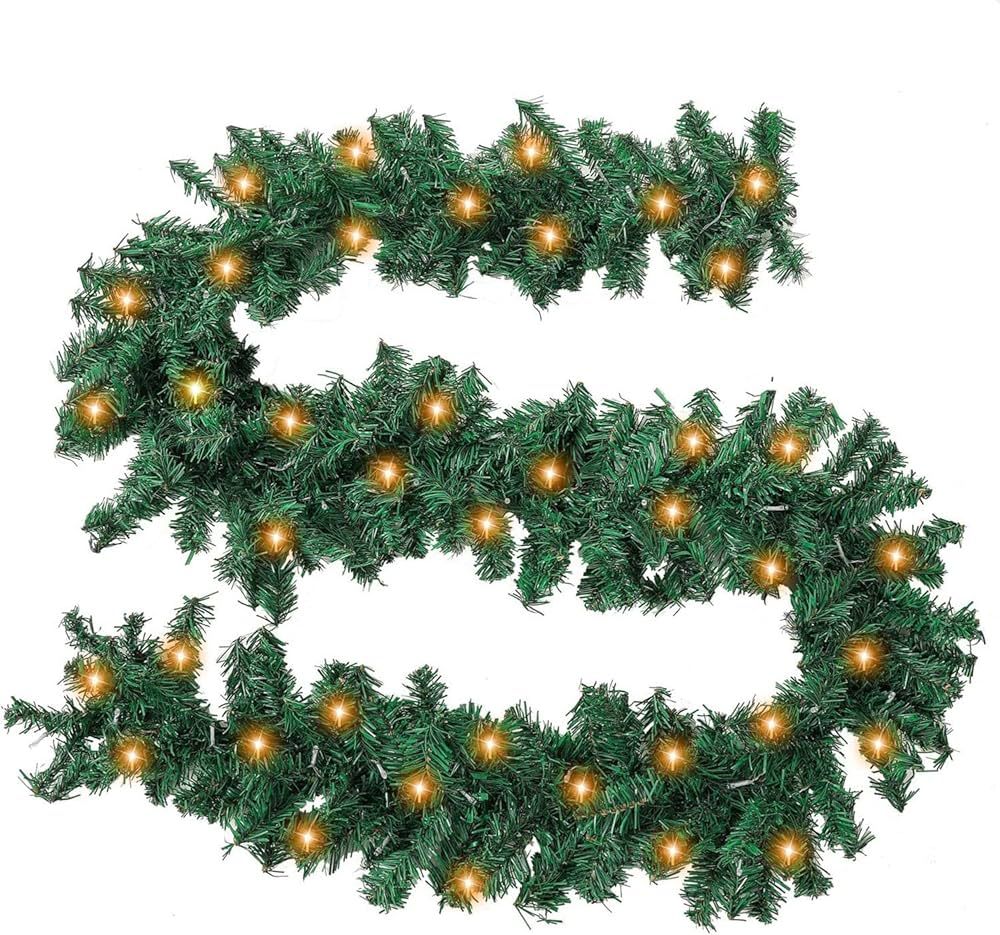 9 ft Prelit Christmas Pine Garland with 50 Battery Operated Warm White LED Lights Timer Outdoor D... | Amazon (US)