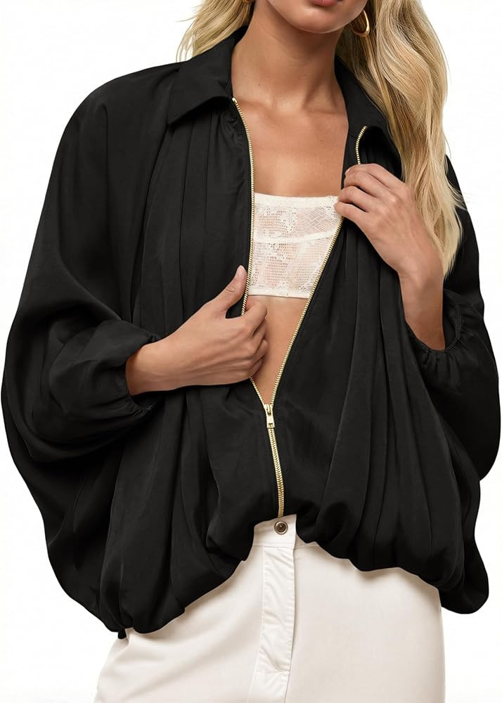 Tankaneo Womens Bomber Jackets Oversized Batwing Sleeve Zip Up Puffed Jacket Lapel Collar Pleated... | Amazon (US)