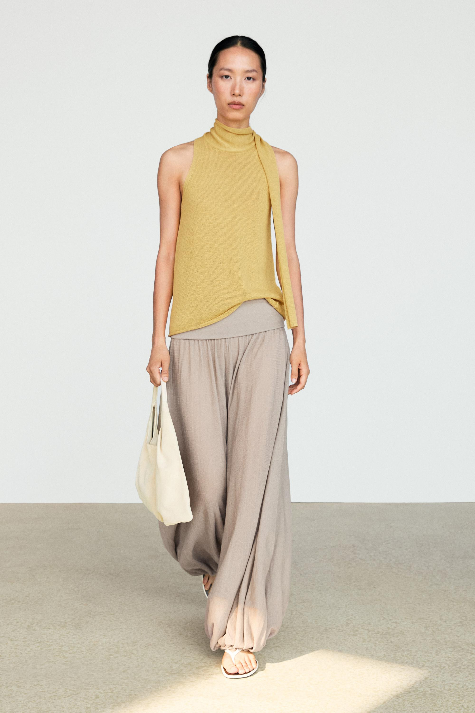Linen blend halter top with tie detail | Massimo Dutti US