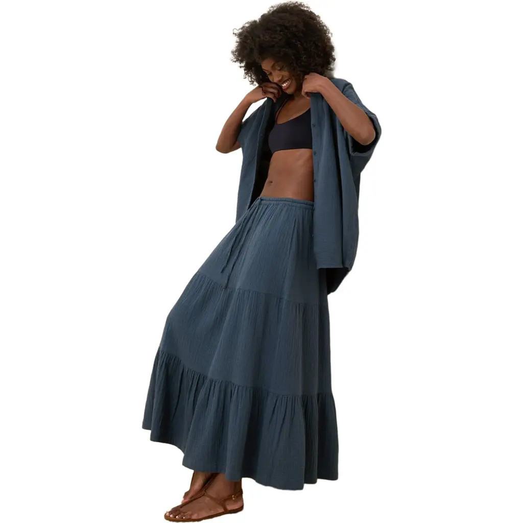Pact Organic Cotton Coastal Double Gauze Tiered Maxi Skirt in French Navy at Nordstrom, Size X-Large | Nordstrom