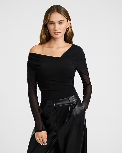 Mesh Asymmetrical Off the Shoulder Long Sleeve Ruched Bodysuit | Express