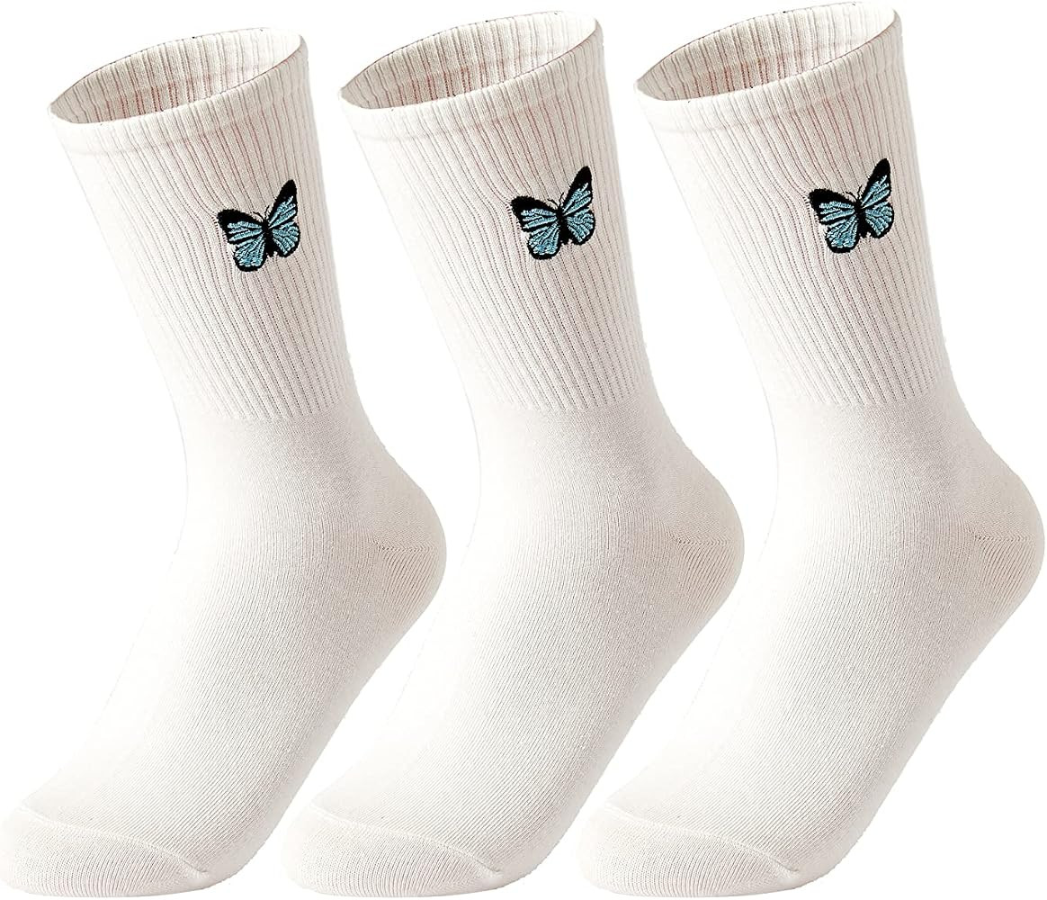 Womens Calf Socks Embroidery Crew Socks Casual Dress Socks Cute Butterfly Socks For Girls 3 Pairs | Amazon (US)