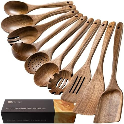 Wooden Spoons for Cooking, 10-Piece Acacia Wood Cooking Utensil Set | Amazon (US)
