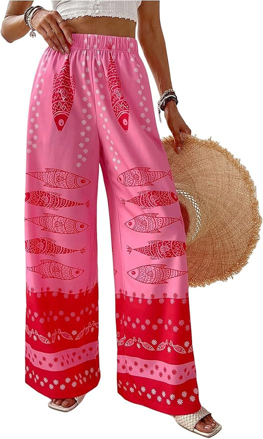 MAKEMECHIC Women's Summer Beach Boho Pants Wide Leg High Waist Vacation Palazzo Pants | Amazon (US)