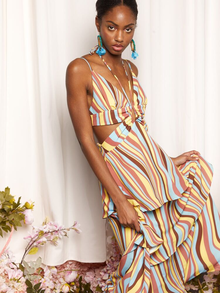 SHEIN Drawstring Tie Front Cut Out Waist Wave Striped Layered Cami Dress | SHEIN