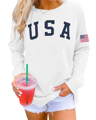 Dressmine Americana Clothes for Women Usa Crewneck Graphic Sweatshirt White Flag Shirt Flower White X-Large | Amazon (US)