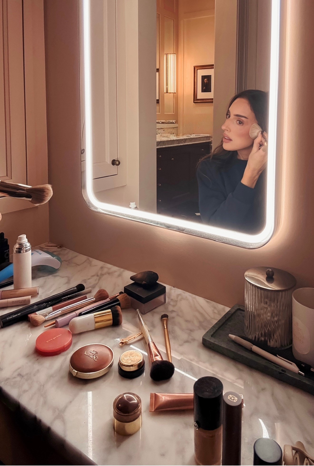 My full makeup routine: 

By Mario soft setting spray
Merit great skin priming moisturizer
Merit bisque 
Tower 28EP
Armani luminous Silke 5.95
Westman Atlier face trace contour stick in truffle
Blush flush bomb bespoke
Merit solo shadow in mid-century 
Anastasia bro, to find her medium brown
Anastasia brow freeze gel
Tower 28 make waves mascara drift
Huda beauty easy bake peach pie
Maybelline super stay lead the way
Pillow talk, beauty, light wand highlighter
Two-faced, sun, bunny, bronzer
Lip color let’s do the road, peptide lip, shade, and twist
Merit tinted lip oil (twin set)
Burts bees in pomegranate