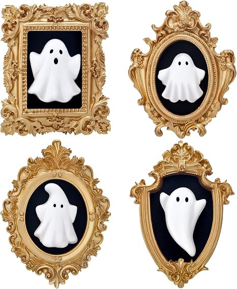 Wesiti 4 Pcs Halloween 3D Ceramic Ghosts with Vintage Resin Framed Mini Cute Sculpture Statue Wal... | Amazon (US)