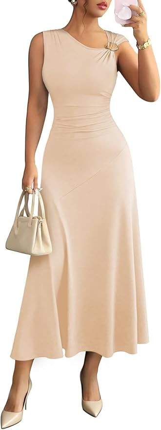 Pink Queen Elegant Sleeveless Bodycon Dress for Women Crewneck High Waist Ruched Metal Swing Cock... | Amazon (US)