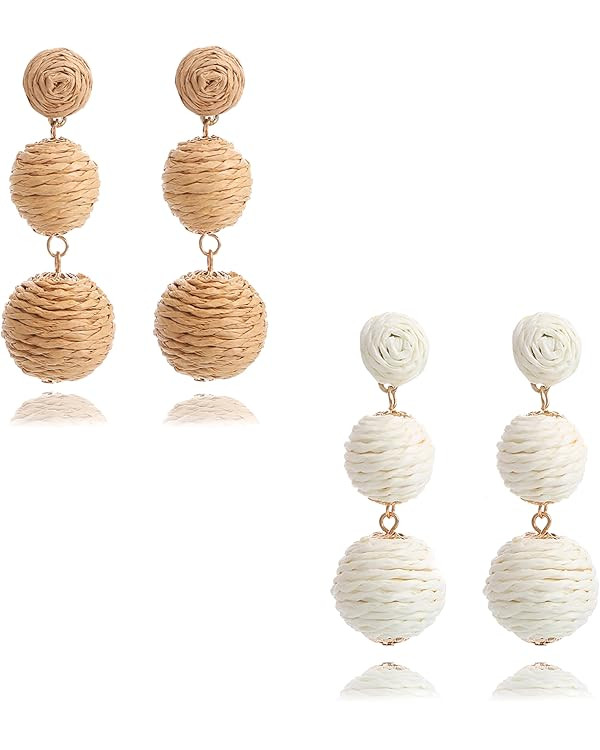 4 Pairs Handmade Raffia Rattan Bohemian Round Drop Dangle Earrings for Women, Boho Statement Cute... | Amazon (US)