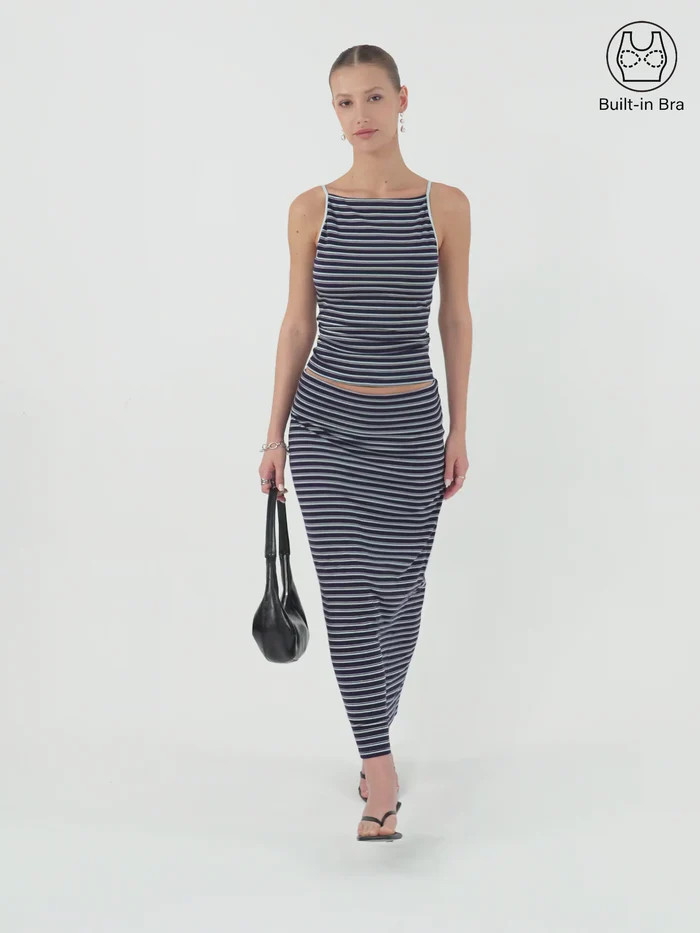2Pcs Set Striped Spaghetti Bra Top & Low Rise Striped Midi Skirt | OGLmove