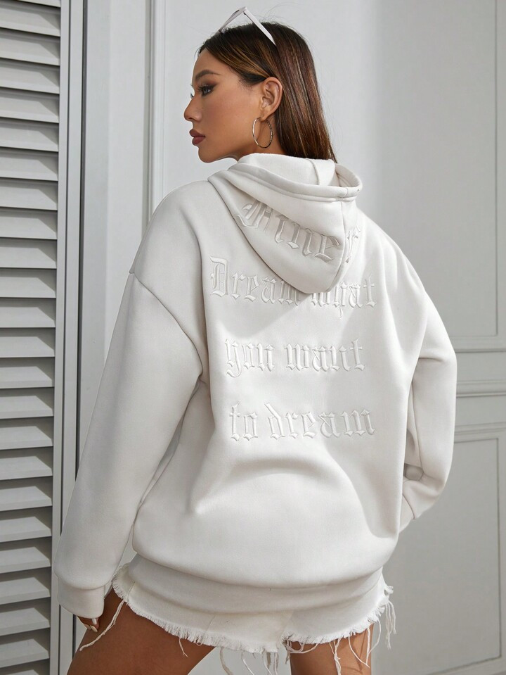 Sudadera con capucha y hombros caídos con cordón y letra en relieve | SHEIN