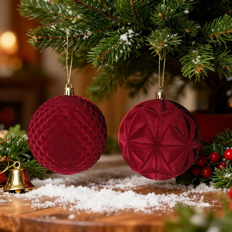 Christmas Ornaments 2-Pack, 10CM Flocked Burgundy Ball Set, Elegant Velvet Texture Christmas Tree... | Walmart (US)