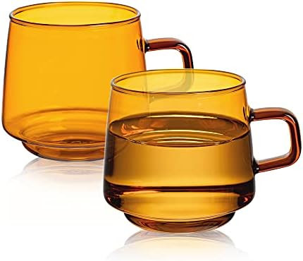 Joeyan Amber Glass Coffee Mugs Set of 2 - 10 oz Glass Stackable Coffee Cups with Handle - Colored... | Amazon (US)