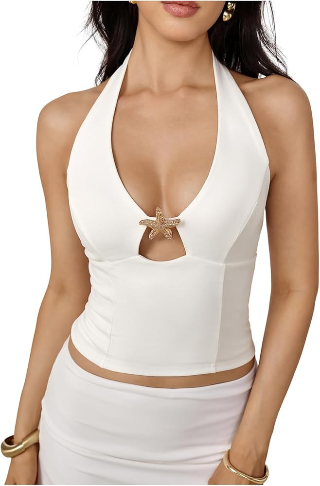 WDIRARA Women's Starfish Deco Halter Top Sleeveless Backless Going Out Tank Top | Amazon (US)