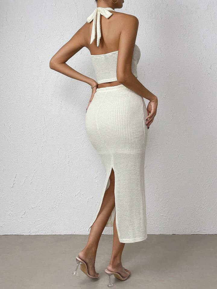 SHEIN BAE Stereo Flower Halter Top & Split Thigh Skirt4.83(100+) | SHEIN