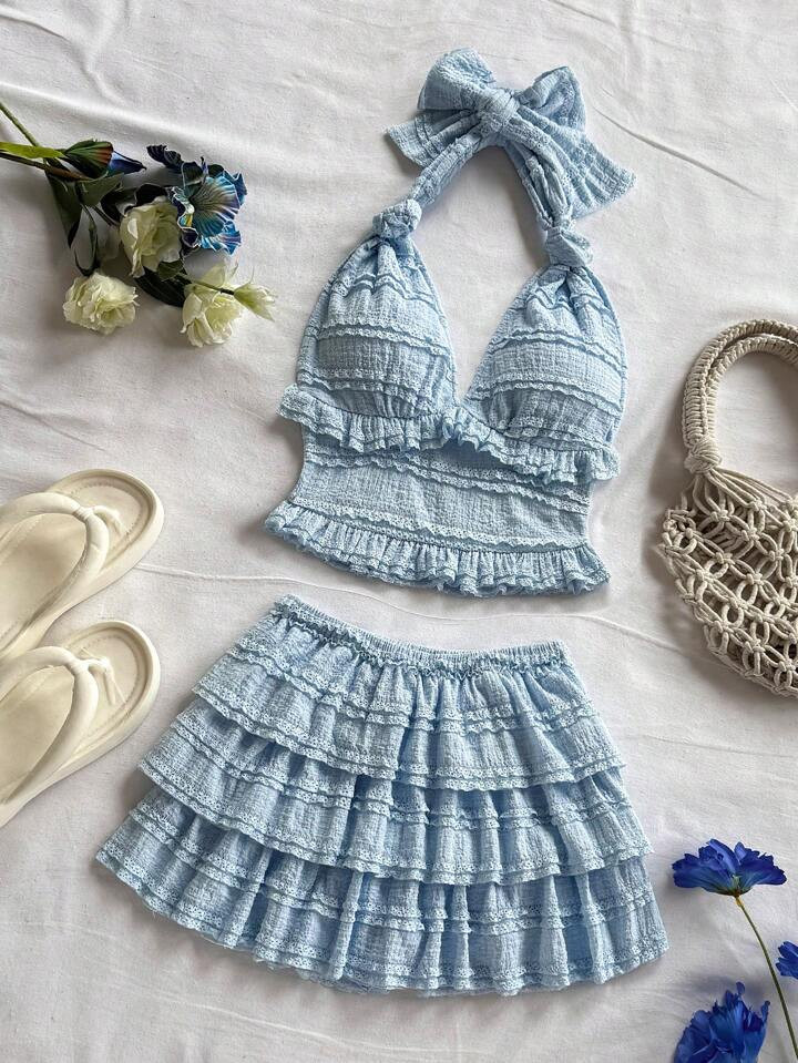 Soleia Textured Floral Tie-Front Crop Top With Matching Mini Skirt Set Beach Outfits For Woman Skirt Beach 2 Pieces Set Summer Two Pieces Set | SHEIN