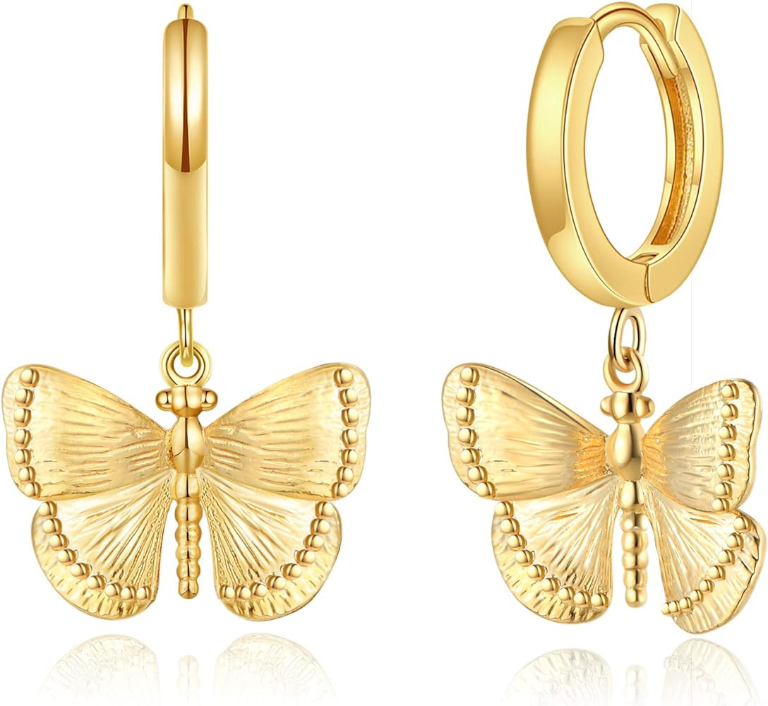 Butterfly Dangle Hoop Earrings 14K Gold Plated Cubic Zirconia Animal Drop Huggies Earrings Jewelr... | Amazon (US)