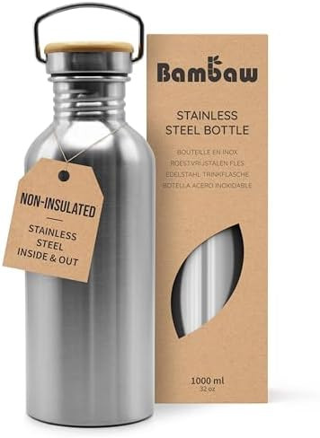 Bambaw Stainless Steel Water Bottles 32 oz, Non-insulated Single Wall Metal Water Bottle Stainles... | Amazon (US)