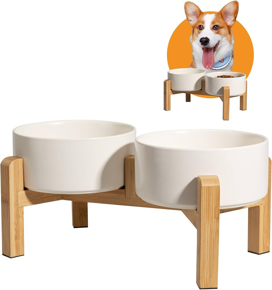 Elevated Ceramic Dog Bowl Set - Raised Dog Bowls with Non-Slip Bamboo Stand - Dog Food and Water ... | Amazon (US)