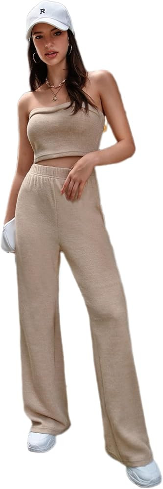 Floerns Women's 2 Piece Outfit Bandeau Crop Tube Top and Wide Leg Pants Set | Amazon (US)