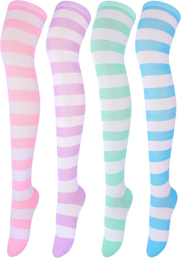Aneco 4 Pairs Over Knee High Stripe Socks Stripe Thigh High Socks Cosplay Accessories for Woman G... | Amazon (US)
