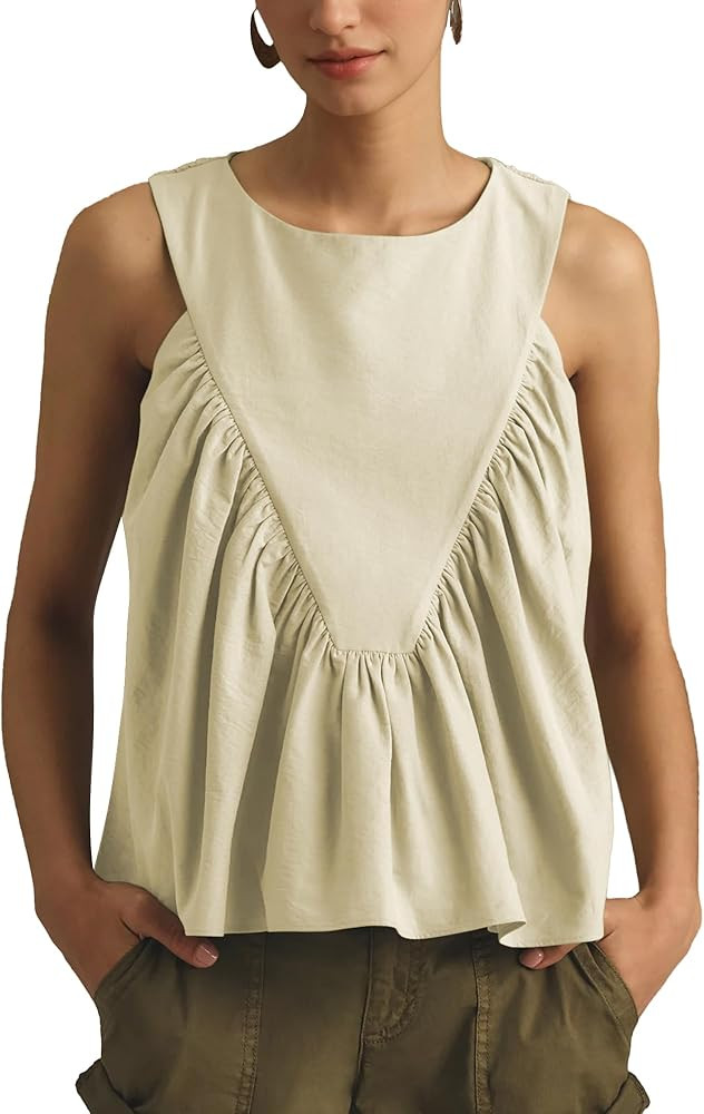 Hixiaohe Shirred Swing Tank Tops for Women Fashion Flowy Sleeveless Shirts Casual Crew Neck Blous... | Amazon (US)