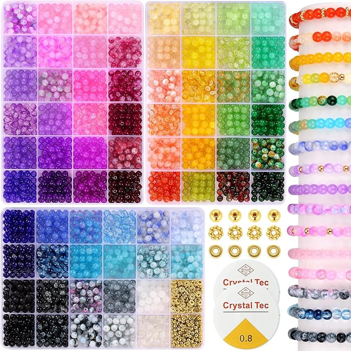 6mm Glass Beads for Bracelets, 2700pcs 70 Colors Crackle Glass Beads for Jewelry Making, Funtopia... | Amazon (US)