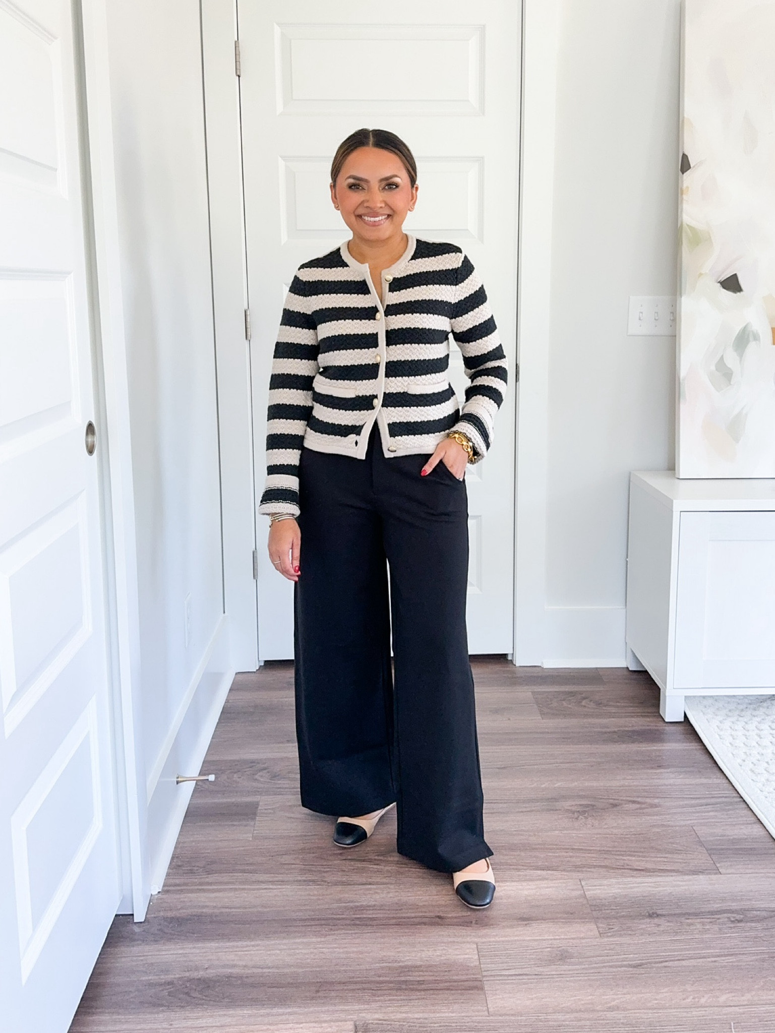 Black and white stripe crew sweater size XS TTS 
Black tailored pants size 2 Petite - I can wear with flats 
Ballet flats size 5.5 TTS 

NORDSTROM SALE 
NSALE 
Airport outfit 
Teacher outfits 
Fall outfits 
Boots 

Honey Sweet Petite 
Honeysweetpetite

#LTKWorkwear #LTKxNSale #LTKStyleTip