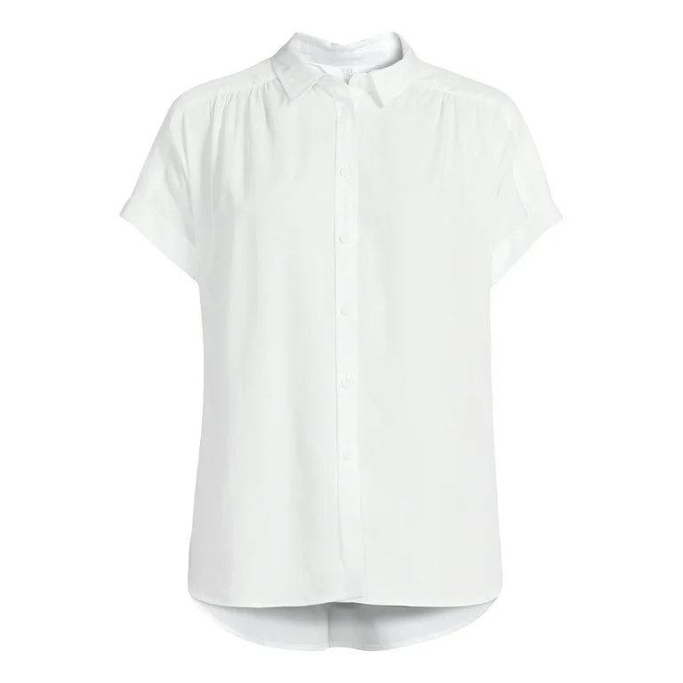 Time and Tru Women's Button Down Camp Shirt with Roll Cuff Sleeves, Sizes XS-XXXL | Walmart (US)