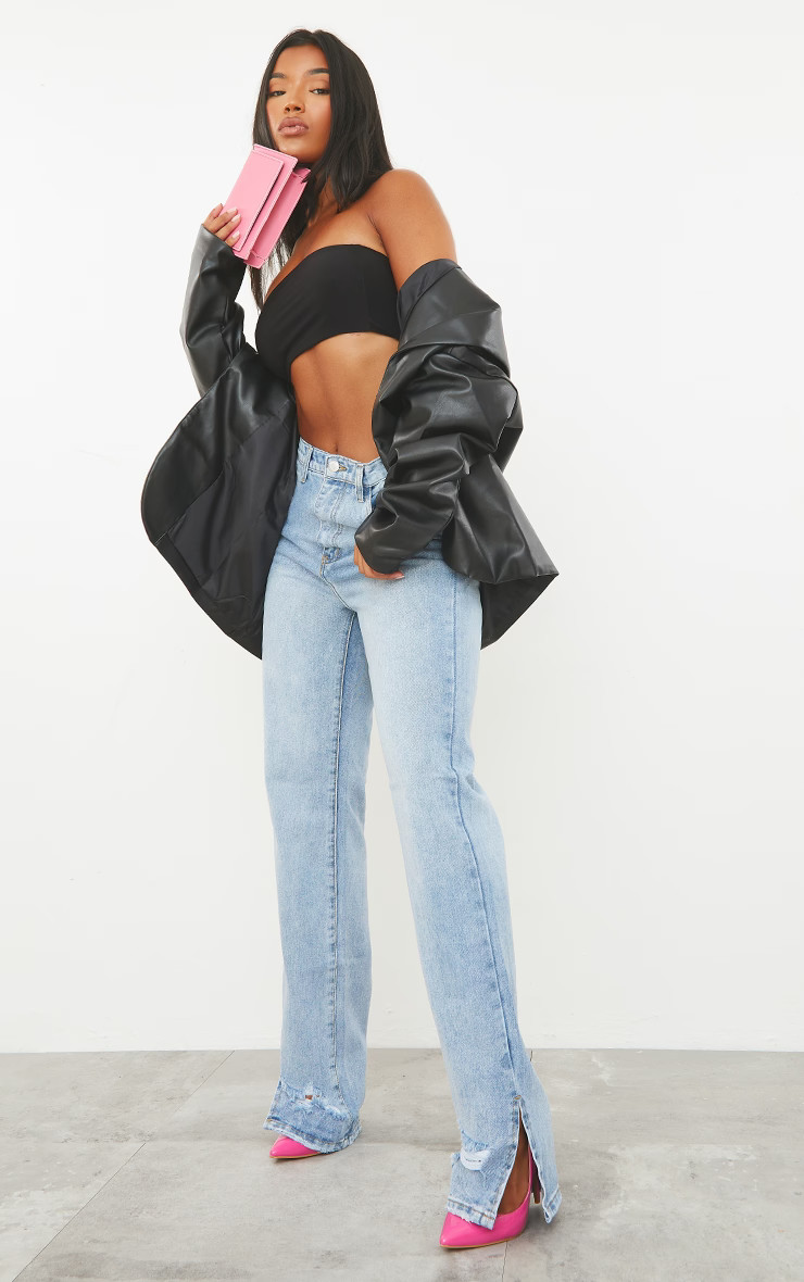 Light Blue Wash Ripped Split Hem Straight Leg Jeans | PrettyLittleThing US