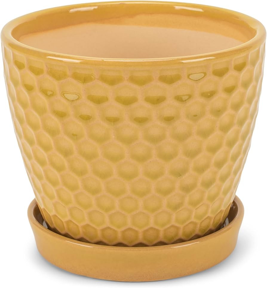 Napco Honeycomb Embossed Bright Yellow 6 Inch Ceramic Flower Pot Planter with Saucer | Amazon (US)