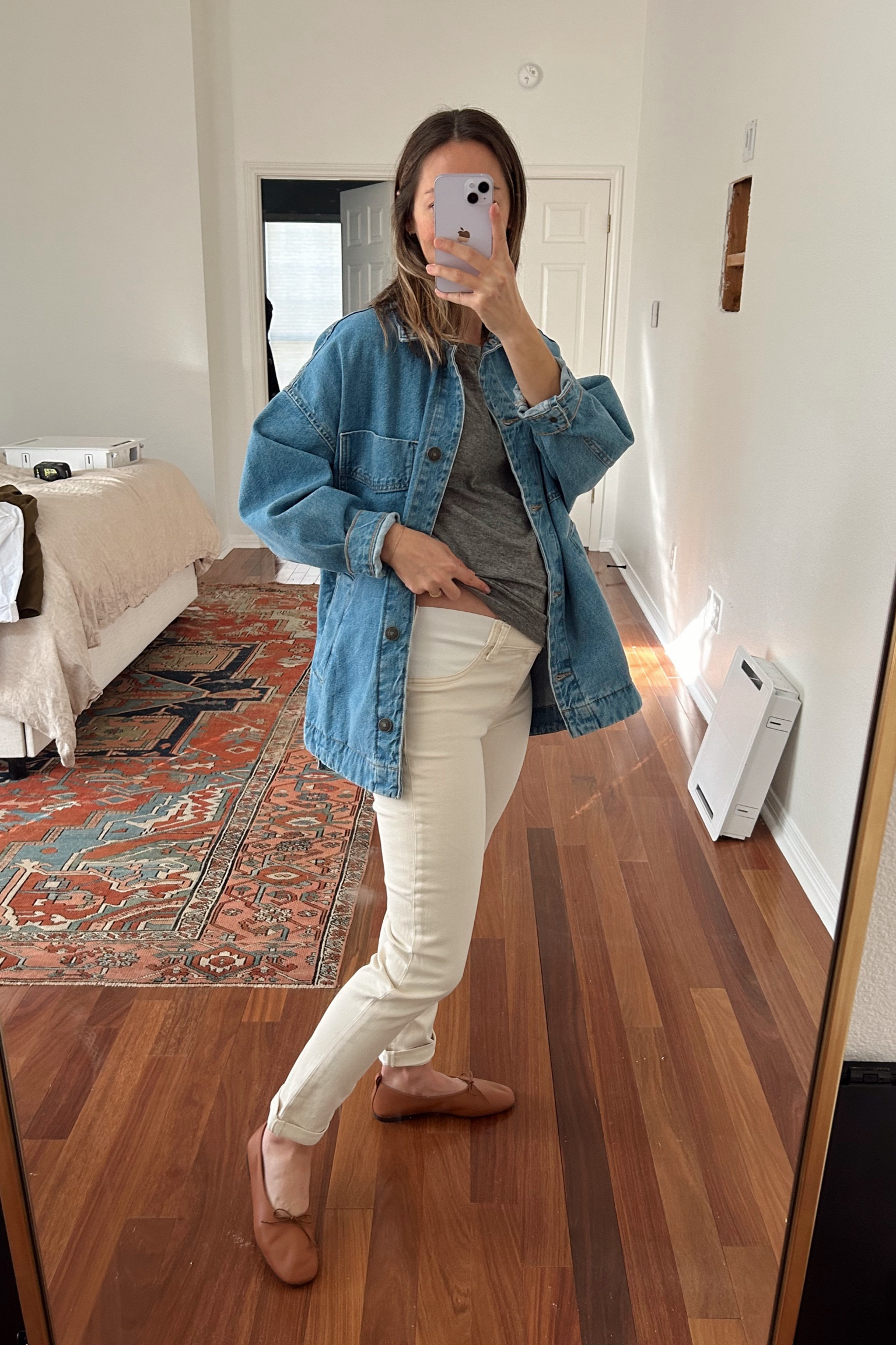 Size 26 in maternity jeans, order a size up from your usual denim size. XS jacket and it’s on sale at one retailer + fully stocked at the other, linked it up for ya!

#LTKsalealert #LTKbump #LTKCyberWeek